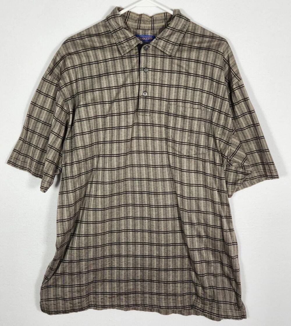 Pendleton Polo Shirt Stripe 90s Style Plaid Men's XL Retro Stripes Gray Black